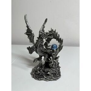 Rare Gothic Dragon with Blue Orb Statue Silver Painted Resin 8,5”
